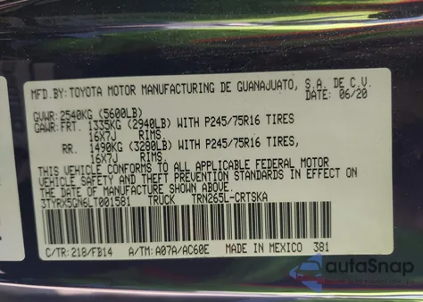 2020 Toyota Tacoma Sr from USA, damaged, VIN 3TYRX5GN6LT001581